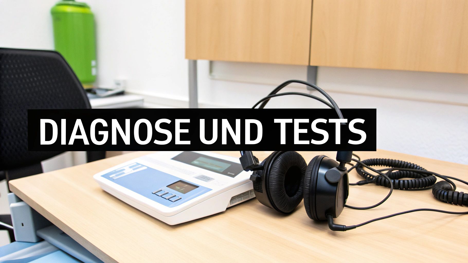 Ein Audiometer und Kopfhörer liegen auf einem Holztisch, bereit für Hörtests und Diagnosen.