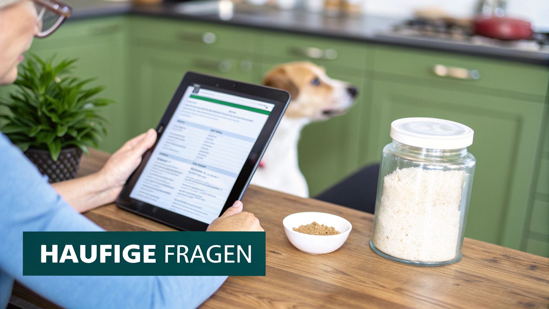 Eine Person liest auf einem Tablet in einer Küche, während im Hintergrund ein Hund zusieht. Auf dem Tisch stehen Zutaten.
