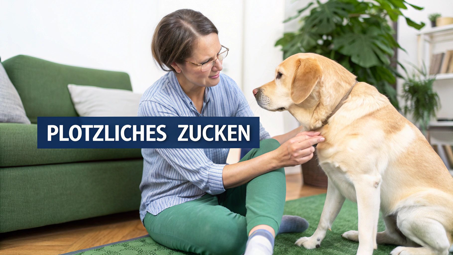Frau untersucht ihren Labrador auf plötzliches Muskelzucken im häuslichen Wohnzimmer