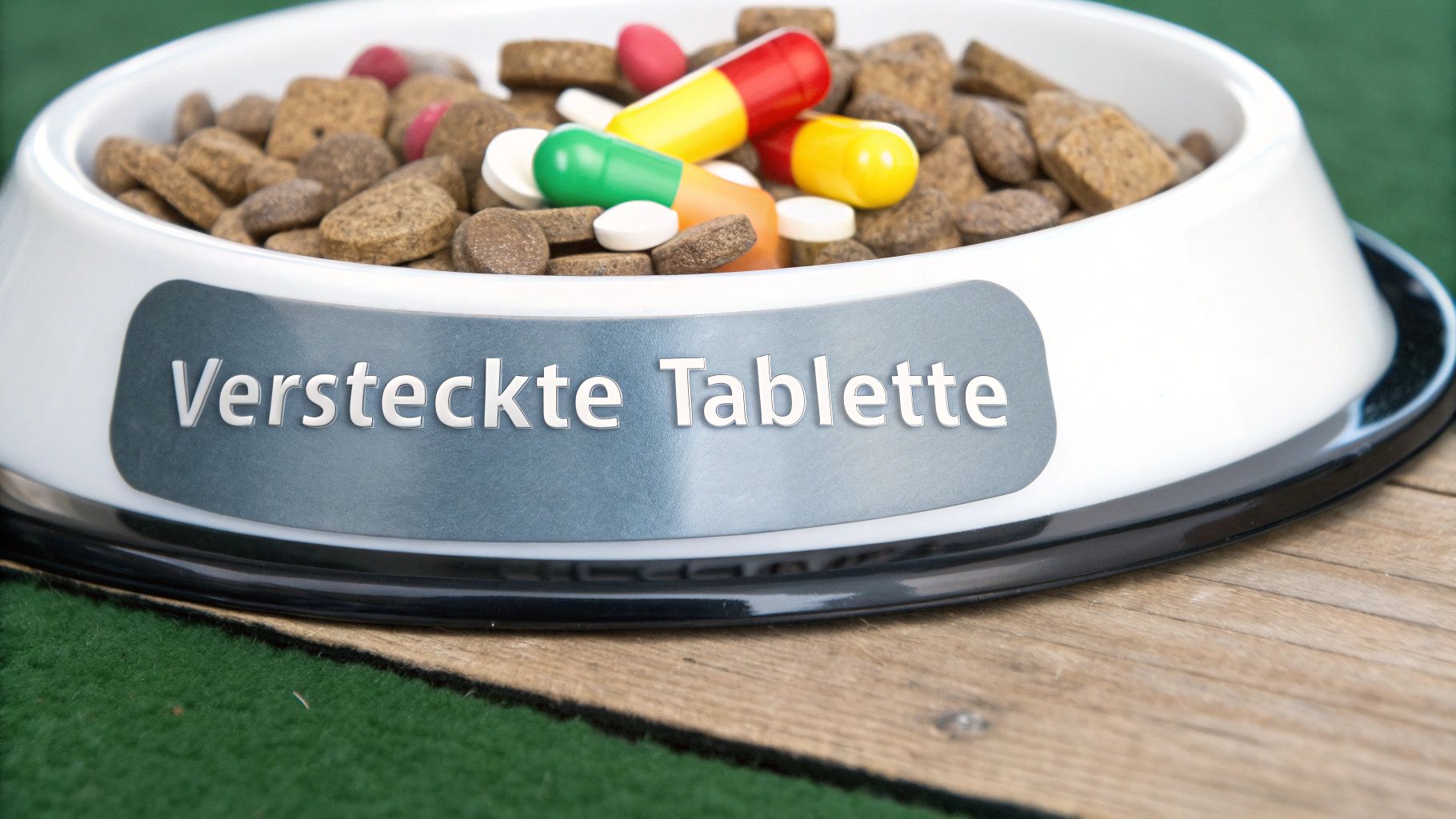 Zwei Hände halten verschiedene Hilfsmittel, um einem Hund Tabletten zu geben.