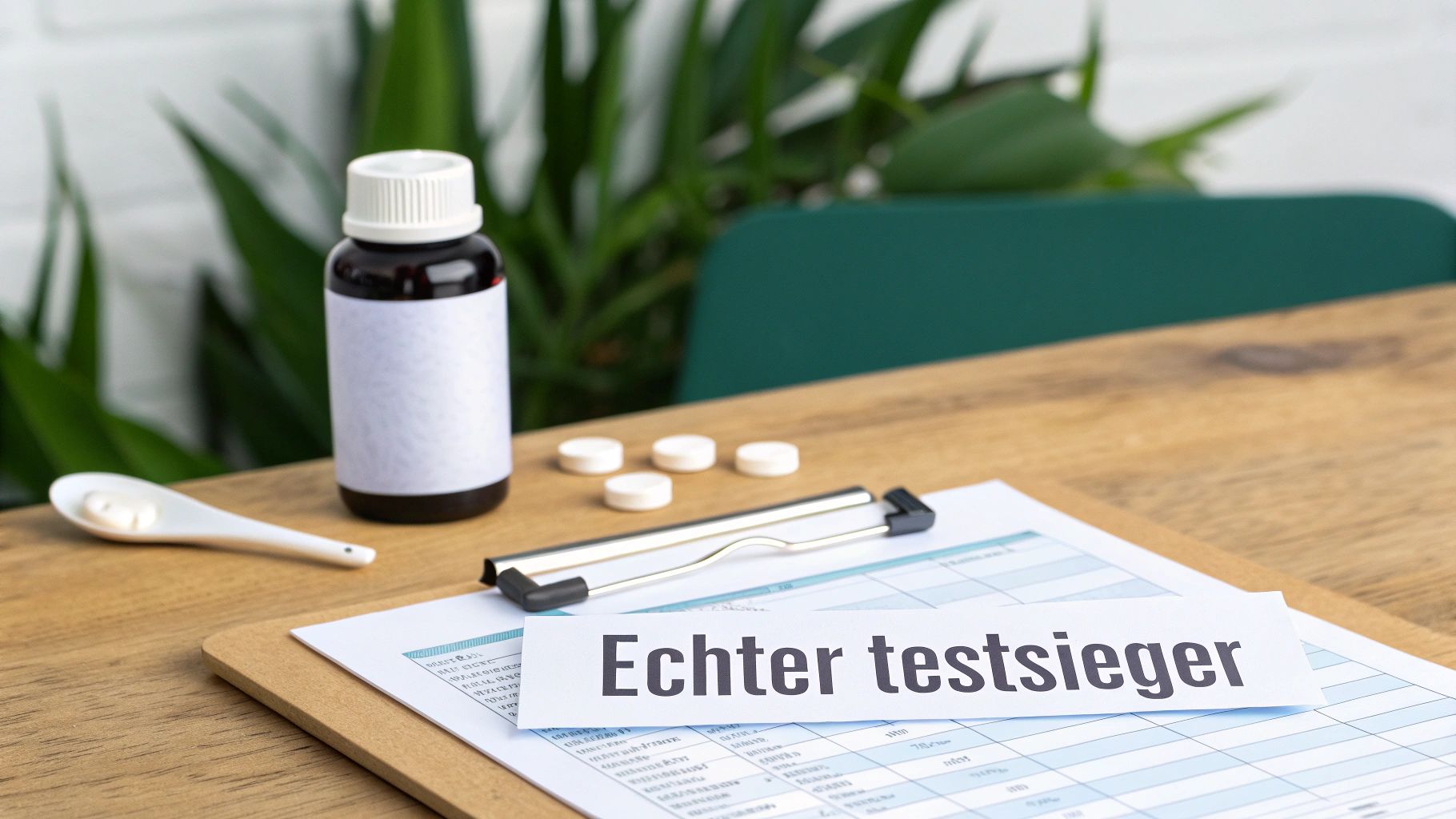 Ein Golden Retriever schaut aufmerksam auf eine Reihe von Gelenktabletten.