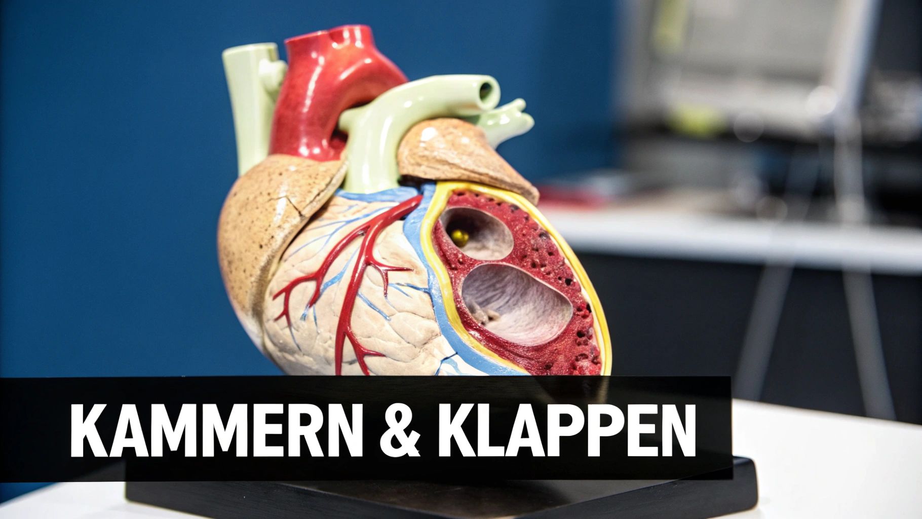 Eine detaillierte Abbildung des Herzinneren, die die vier Kammern, Klappen und großen Blutgefäße zeigt.