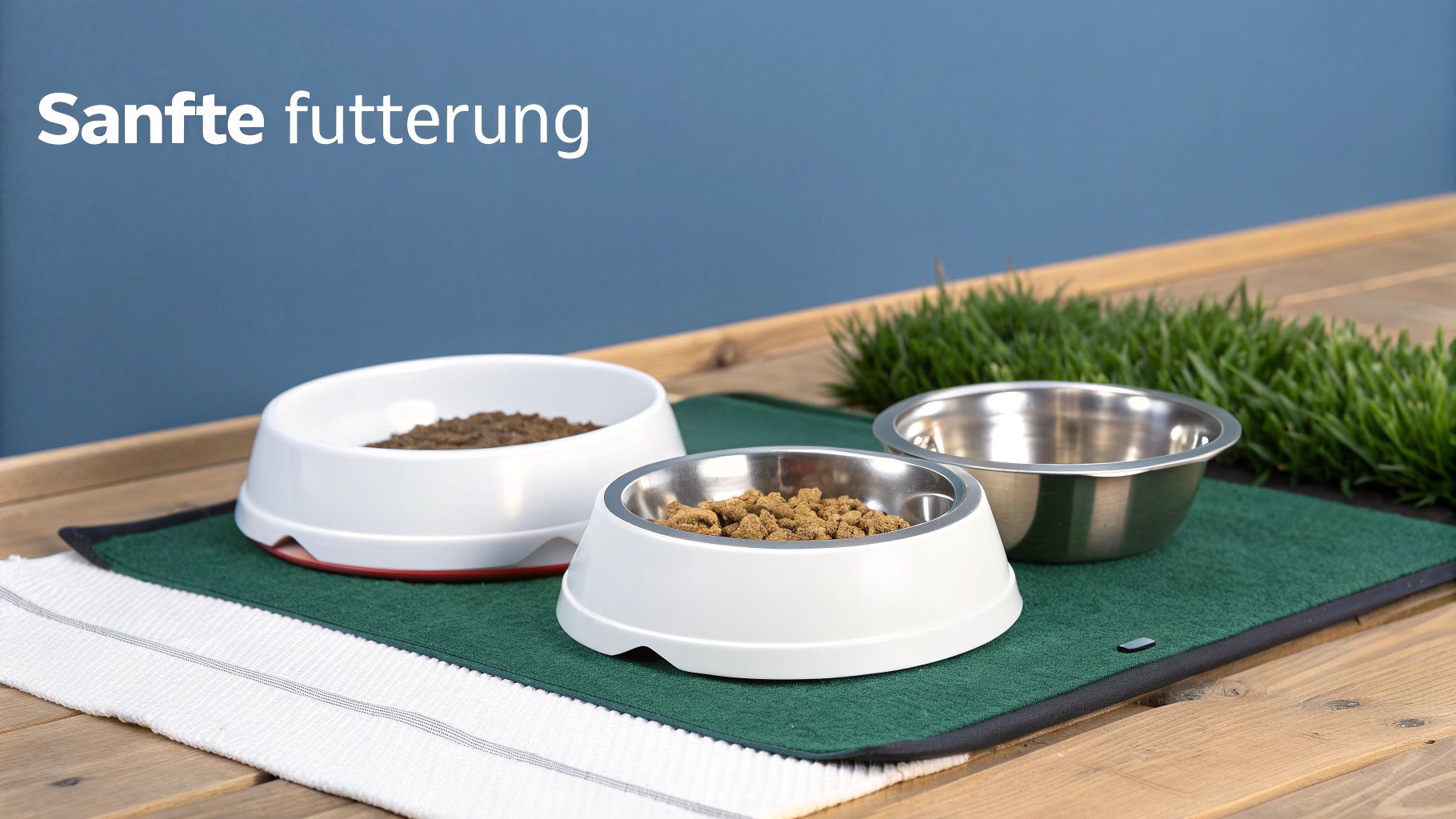 Ein Anti-Schling-Napf mit Trockenfutter steht auf einem Holzboden.