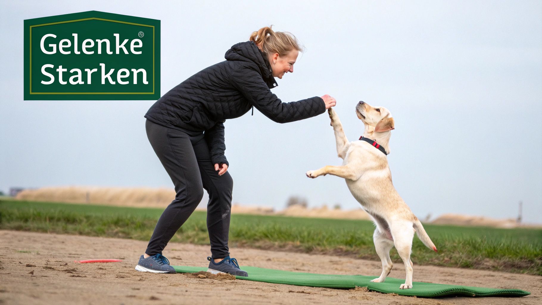 Frau trainiert mit Labrador auf Balancebrett im Freien zur Gelenkstärkung und Verletzungsprävention