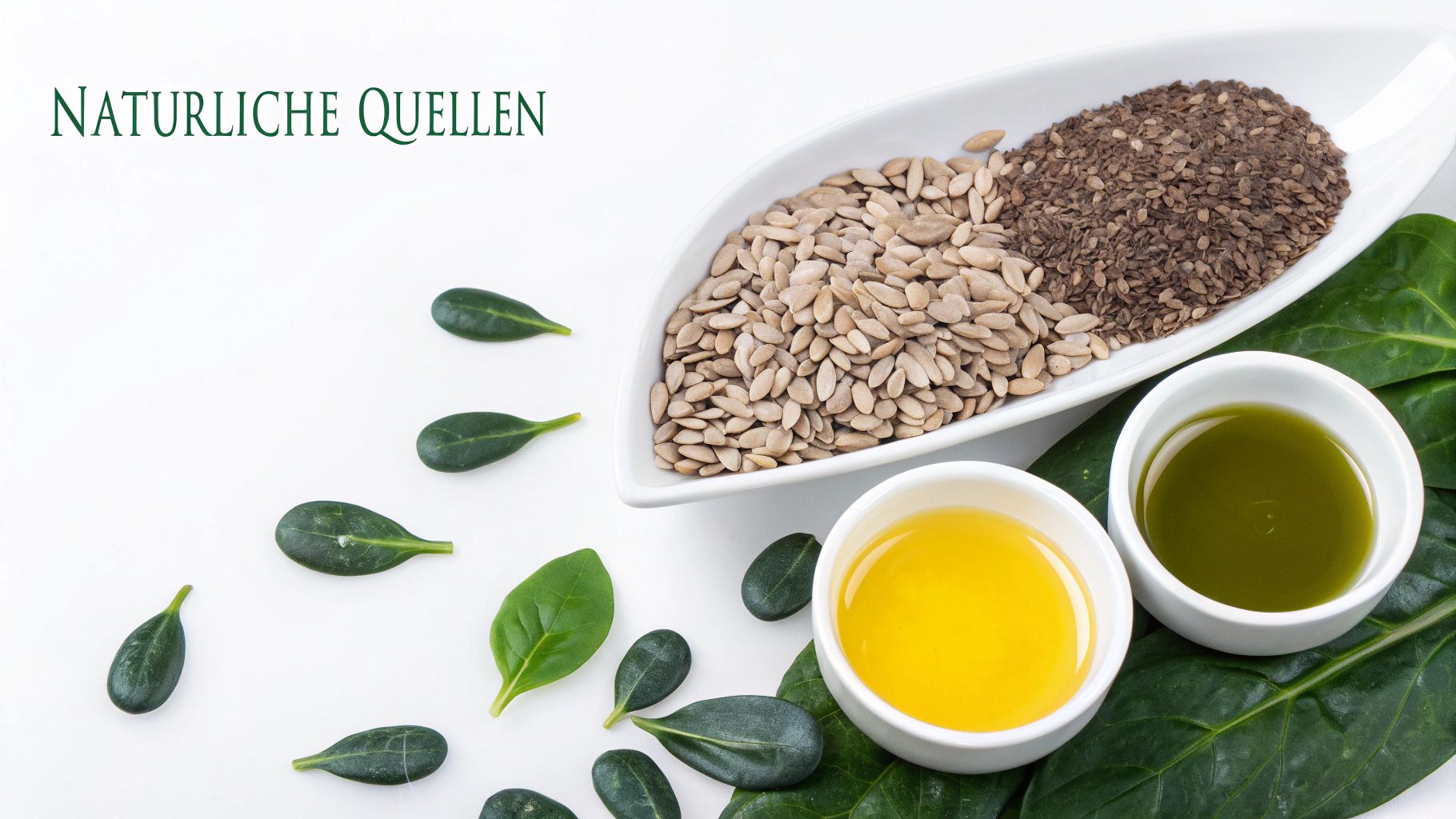Ein kleiner Löffel gefüllt mit goldenem Öl neben einer Schüssel mit Hundefutter und frischem Gemüse.