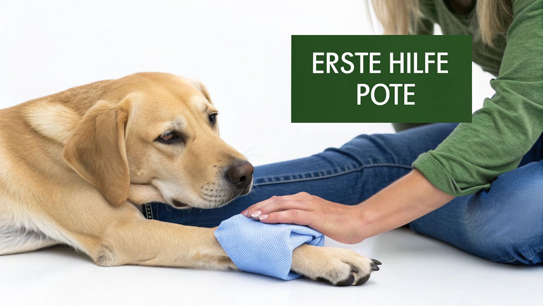 Hund mit verletzter Pfote erhält Erste Hilfe durch Besitzer mit blauem Verband
