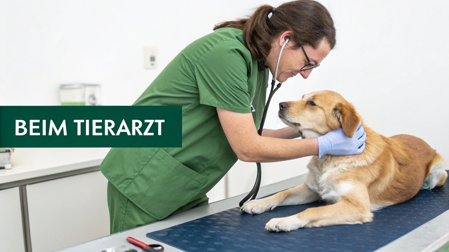 Tierärztin in grüner Uniform untersucht einen golden-beigen Hund mit Stethoskop in der Veterinärpraxis