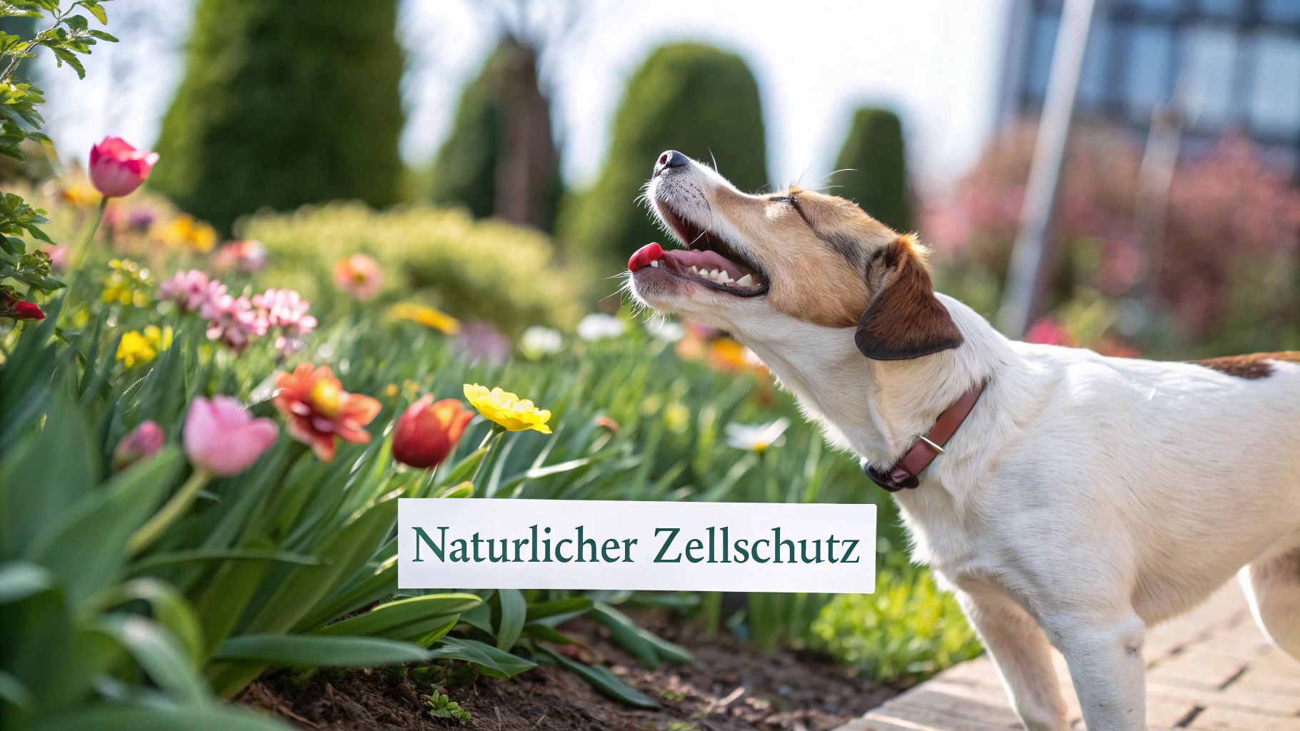 Ein glücklicher Hund rennt durch eine grüne Wiese, was seine Vitalität symbolisiert.