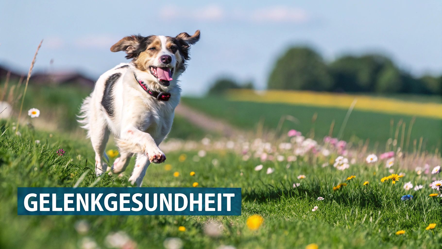 Ein glücklicher Golden Retriever rennt über eine sonnige Wiese, was seine Beweglichkeit und gesunden Gelenke symbolisiert.