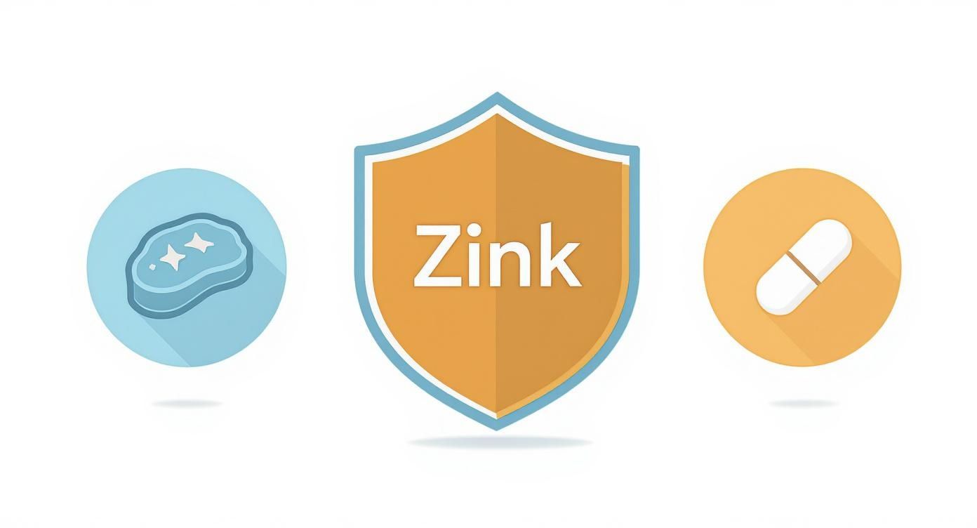 Infografik zu den Zinkquellen für Hunde, unterteilt in natürliche und ergänzende Quellen.