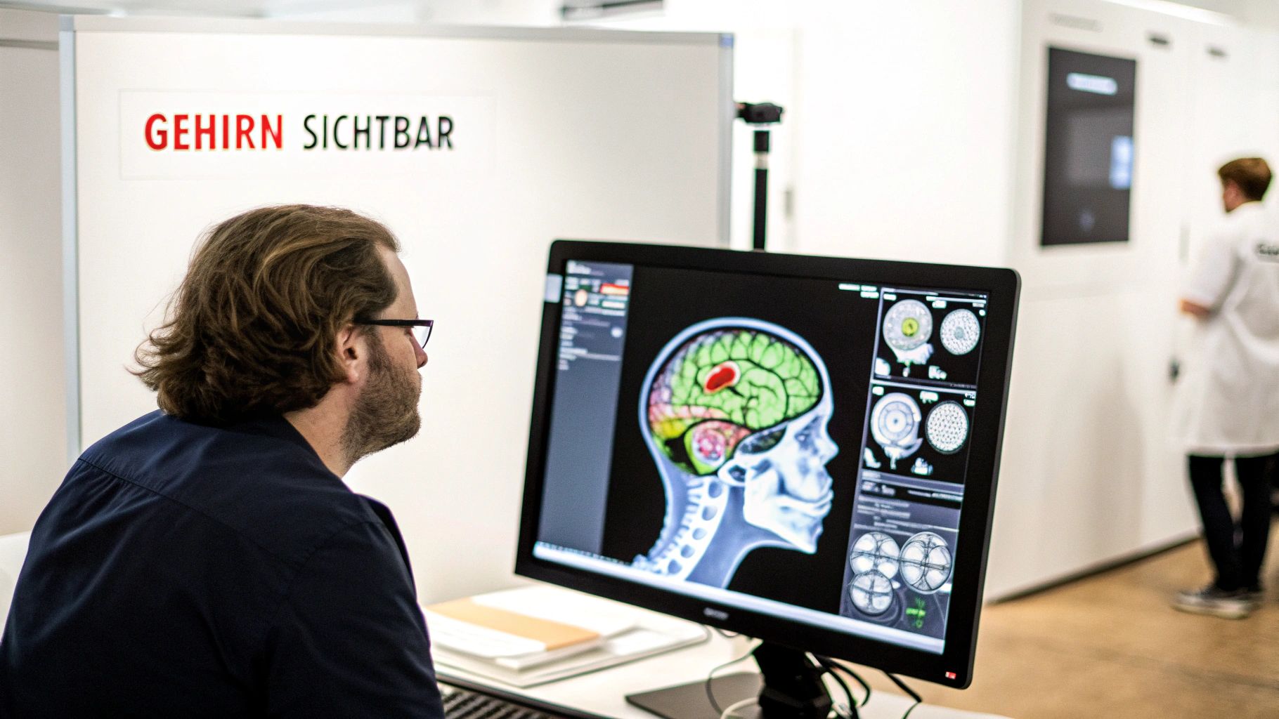 Ein fMRT-Scan, der aktive Gehirnregionen in leuchtenden Farben zeigt, und die komplexe Vernetzung visualisiert