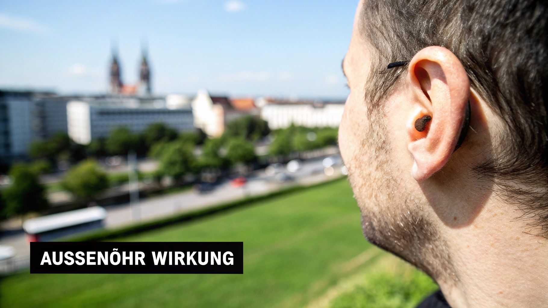 Detailaufnahme des menschlichen Außenohrs, das Sonnenlicht einfängt.