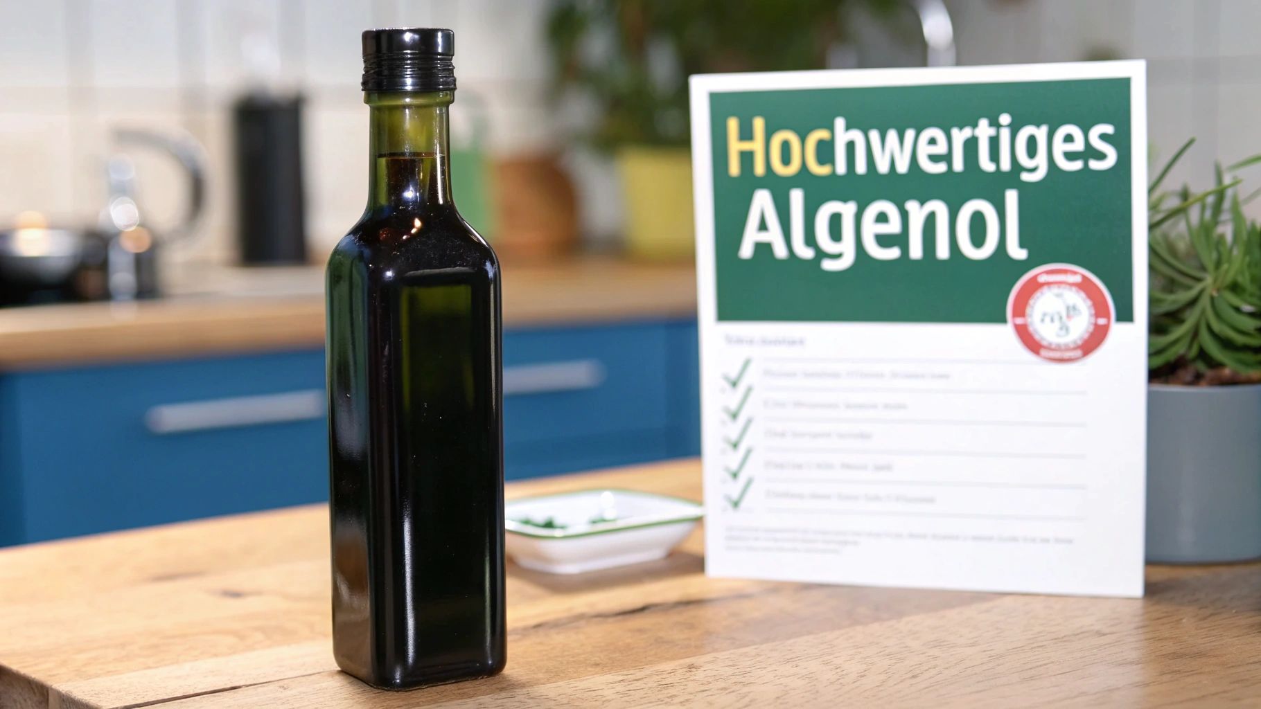 Flasche mit hochwertigem Algenöl auf Holztisch, daneben ein Schild mit Produktinformationen in einer Küche.
