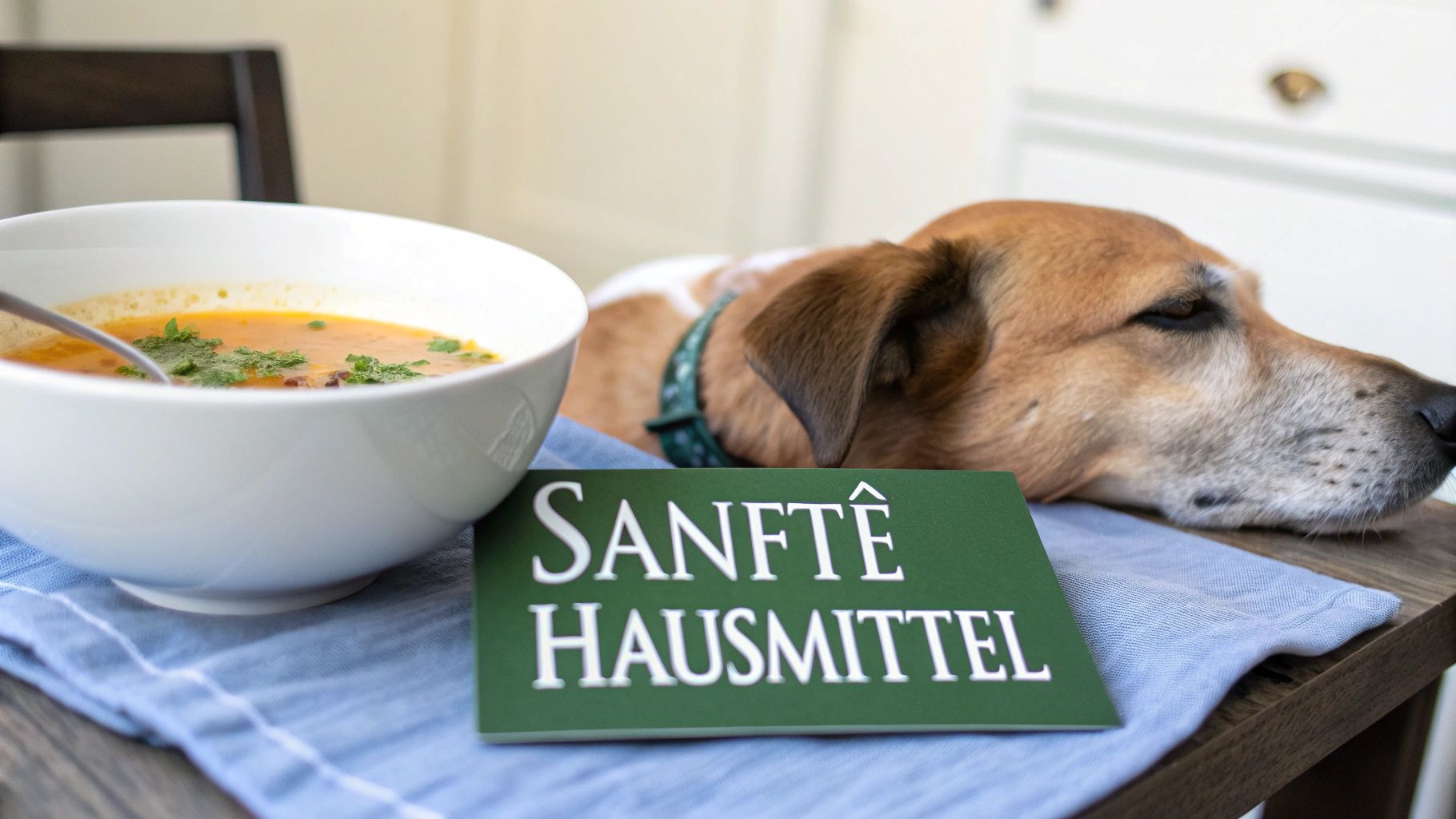 Ein Golden Retriever liegt eingekuschelt in eine Decke