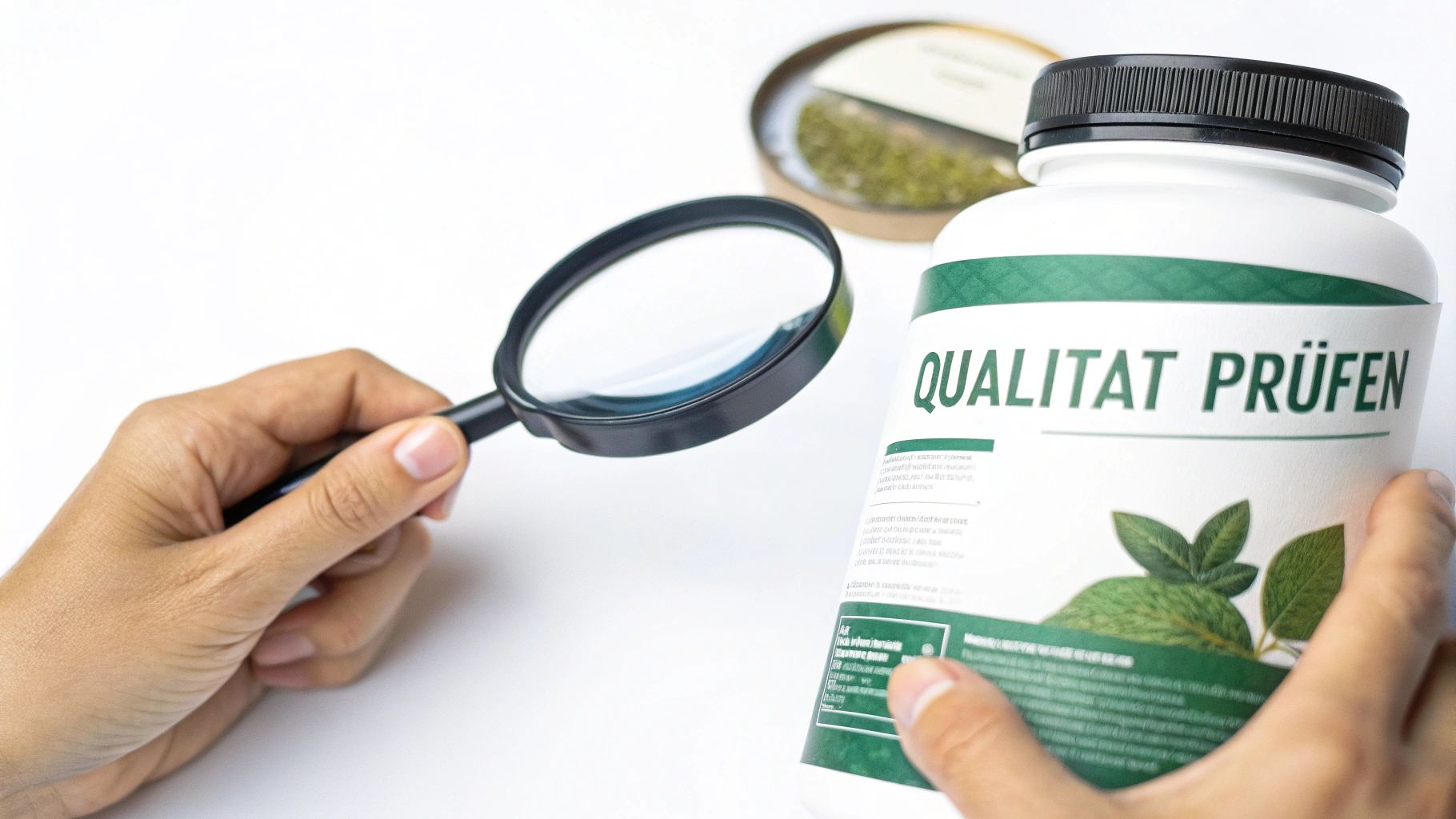Eine Person hält ein Etikett eines Ergänzungsfuttermittels in der Hand und liest es aufmerksam.
