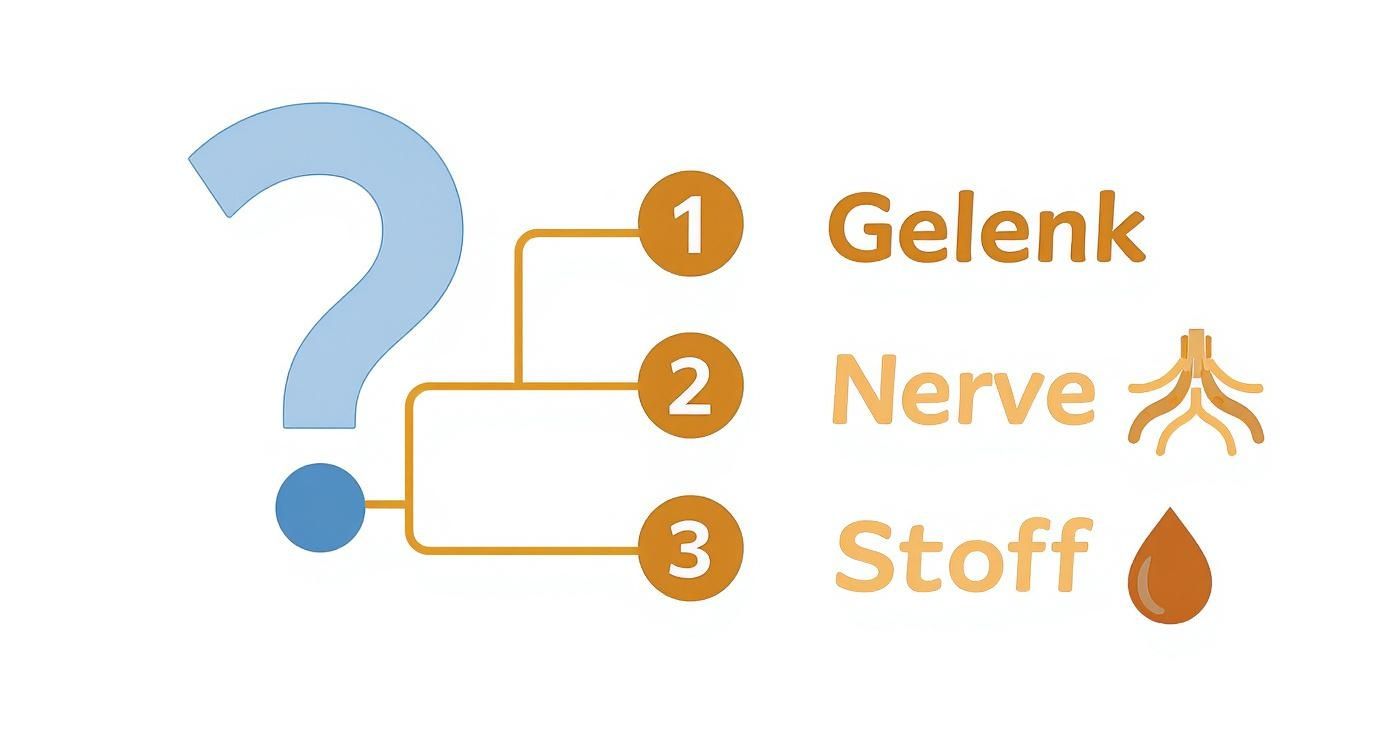 Diagramm zeigt drei mögliche Ursachen für Muskelzucken: Gelenk, Nerv und Stoff mit entsprechenden Symbolen