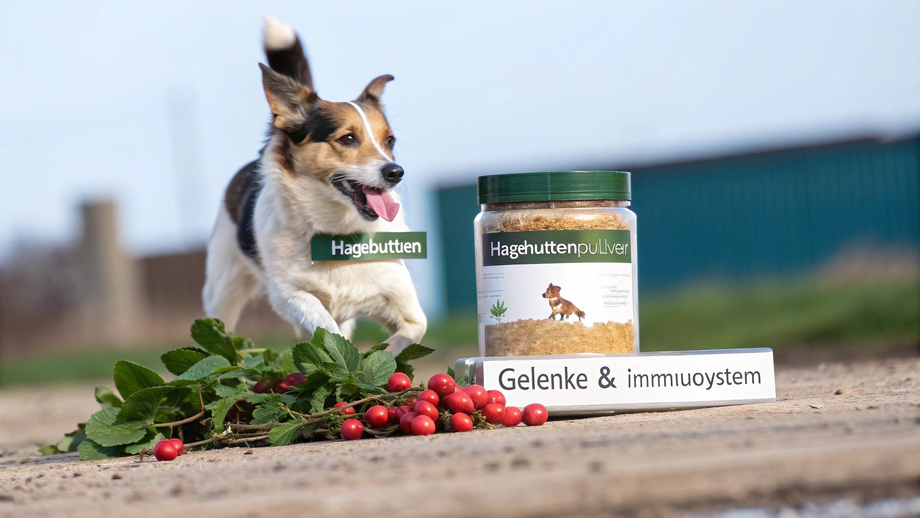Ein spielender Hund mit Hagebuttenpulver und frischen Hagebutten, förderlich für Gelenke & Immunsystem.