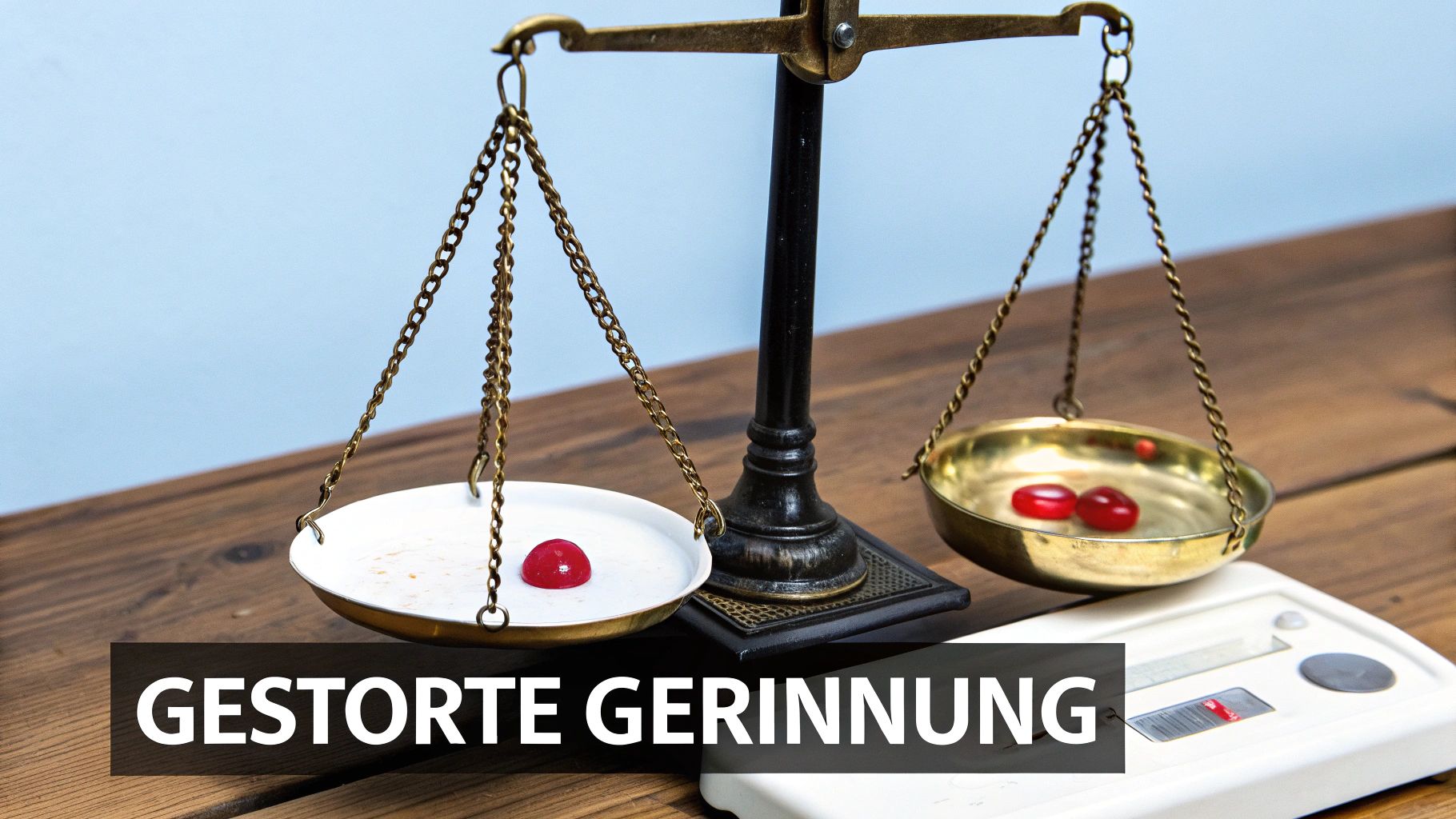 Eine alte Waage mit roten Pillen in beiden Schalen, symbolisiert gestörte Blutgerinnung.
