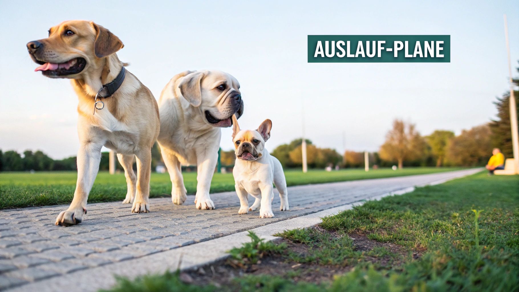Ein Hund an einer langen Leine auf einem Feldweg