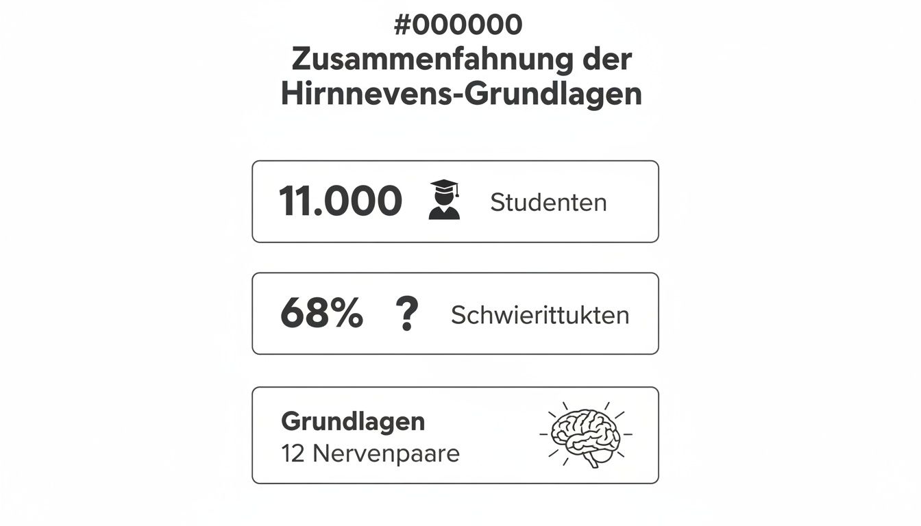 Zusammenfassung der Hirnnerven-Grundlagen mit Statistiken zu Studenten, Schwierigkeitsgraden und 12 Nervenpaaren.