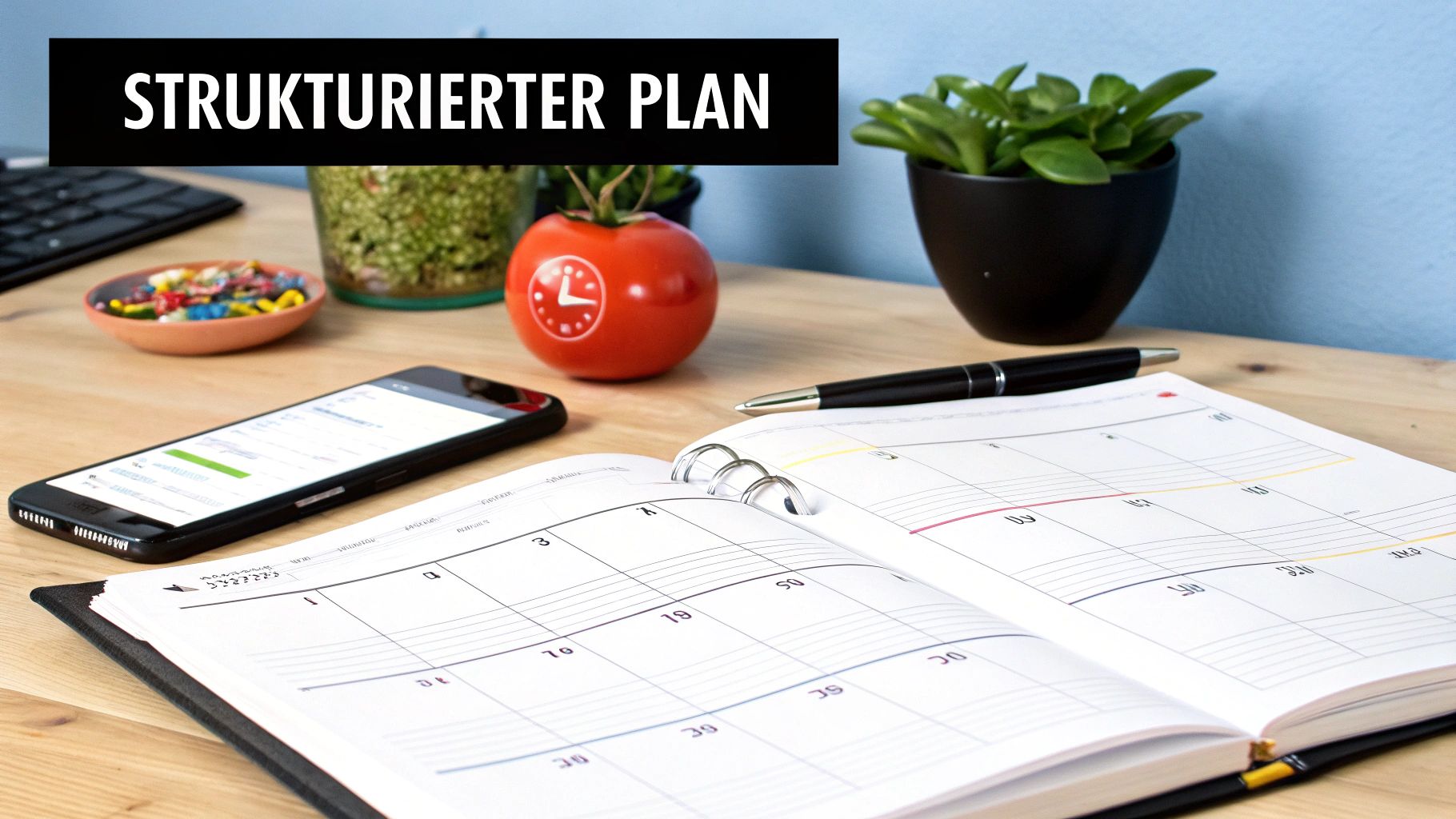 Schreibtisch mit offenem Planer, Smartphone und Pomodoro-Timer. Ideal für einen strukturierten Plan und Produktivität.