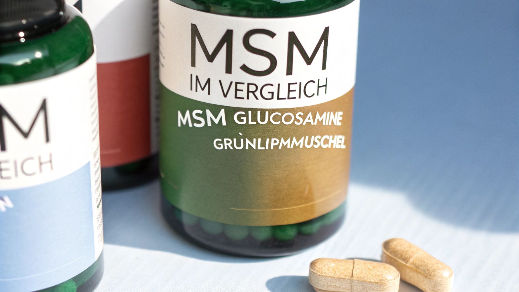 Grüne Flaschen mit MSM Glucosamine Grünlippmuschel Nahrungsergänzungsmitteln und Kapseln im Vordergrund.