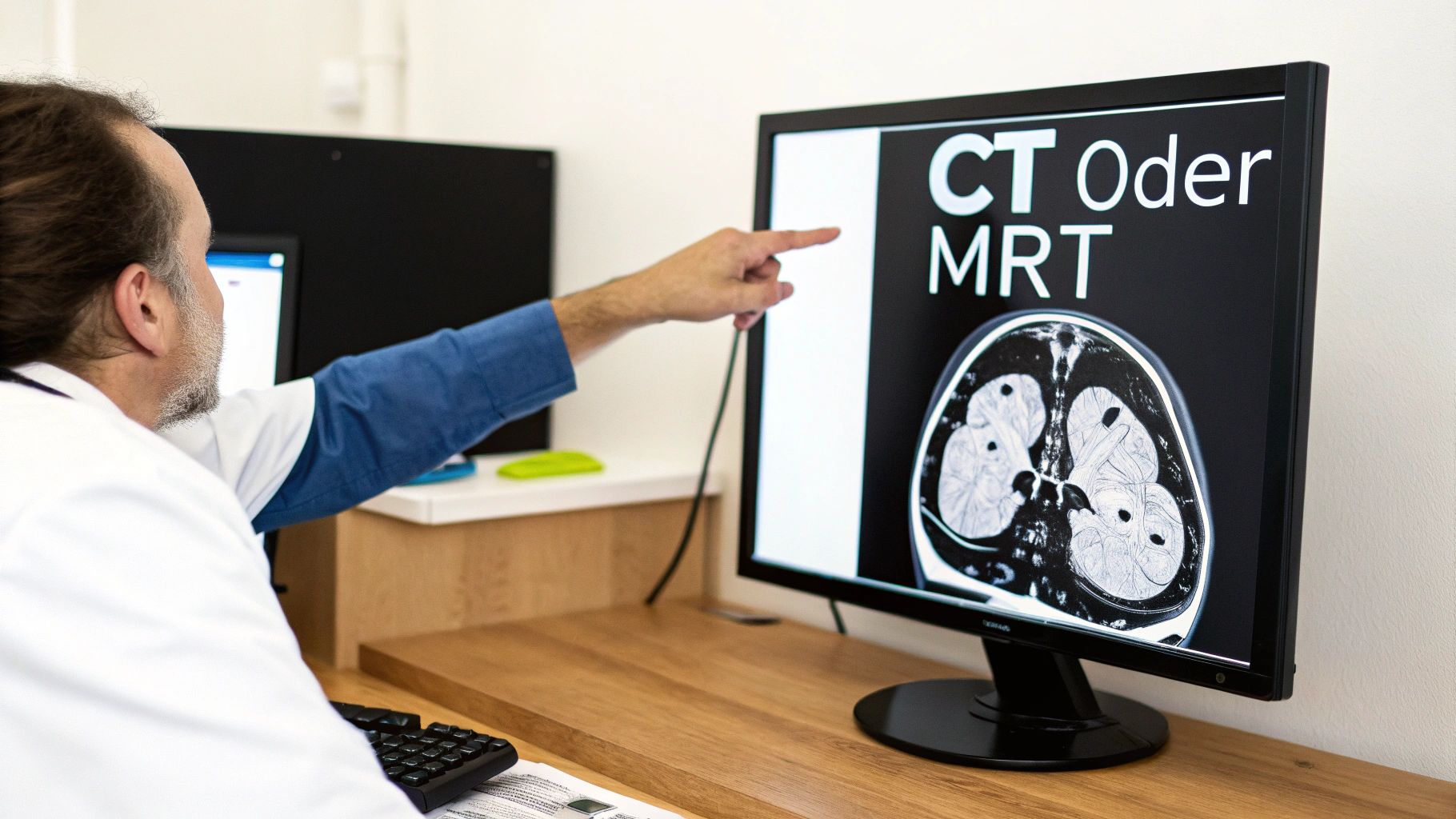 Arzt zeigt auf Monitor mit CT- oder MRT-Bildern des Kopfes und Text 'CT Oder MRT'.