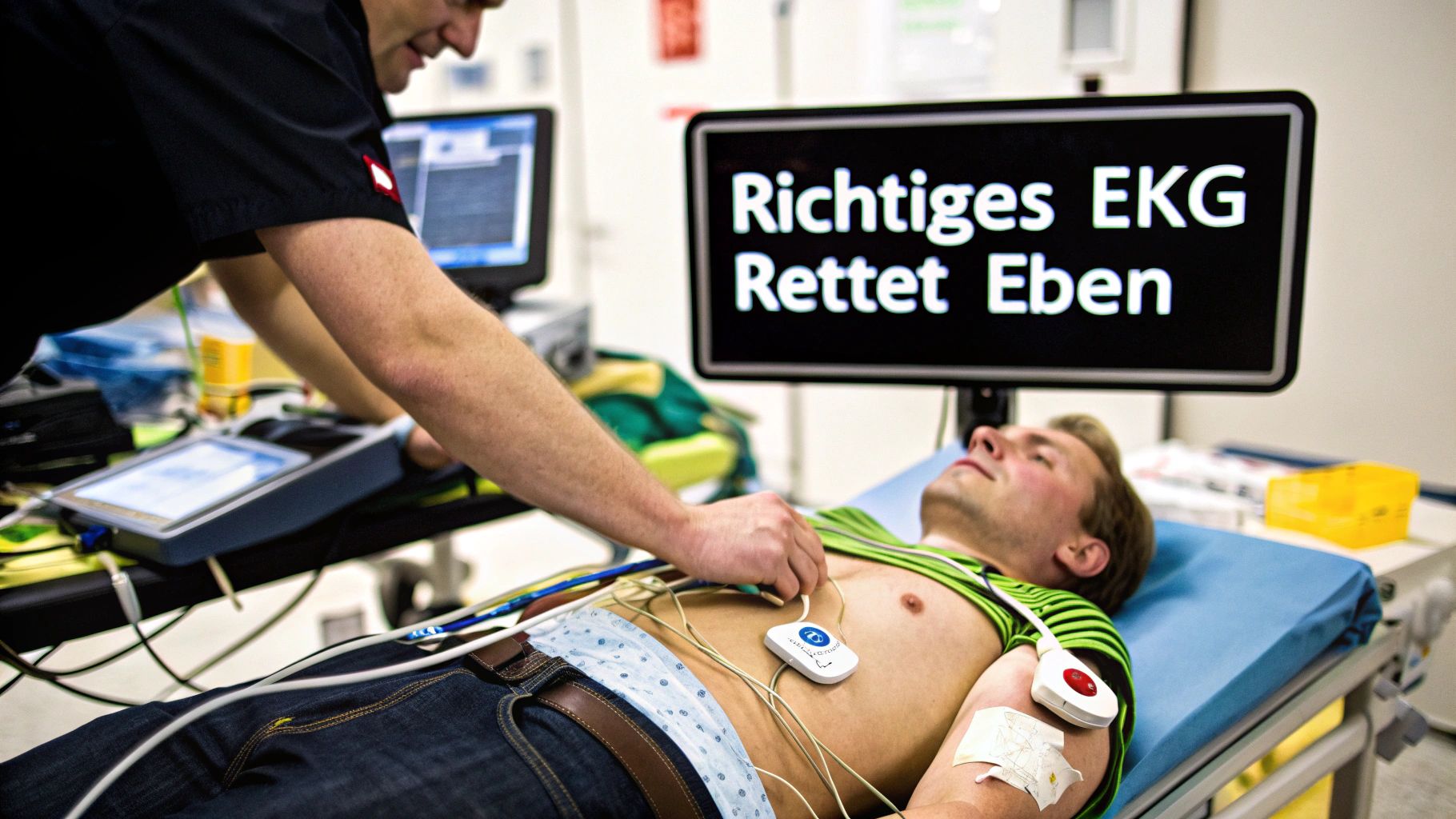 Ein Mediziner legt einem Patienten ein EKG an, während ein Monitor die Botschaft 'Richtiges EKG Rettet Leben' anzeigt.