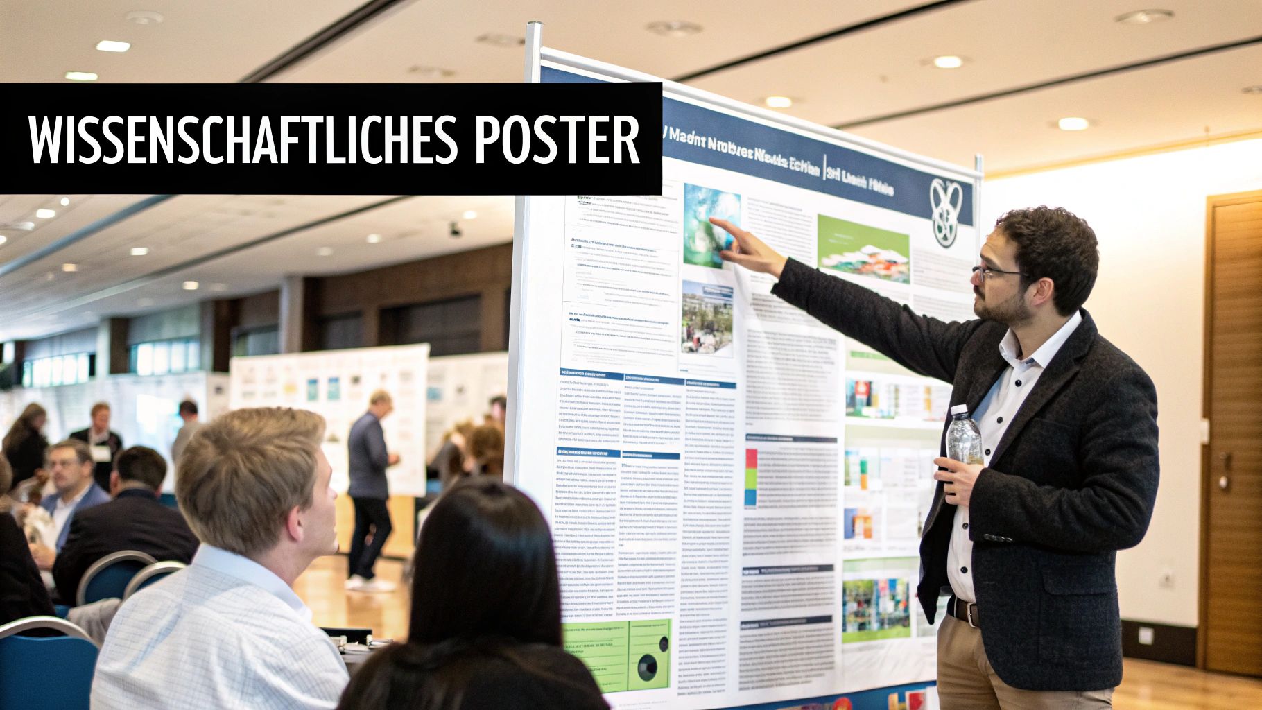 Eine Person skizziert das Layout eines wissenschaftlichen Posters auf einem Tisch, umgeben von Notizen und Farbmustern.