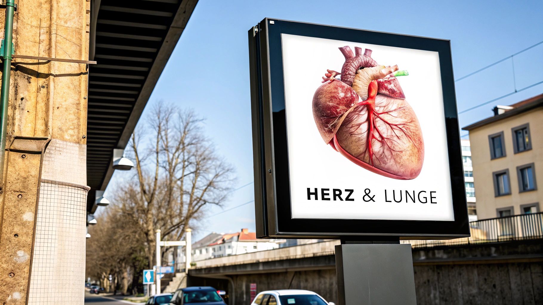 Eine detaillierte Ansicht des menschlichen Herzens und der Lungen, die ihre enge Verbindung im Brustkorb zeigt