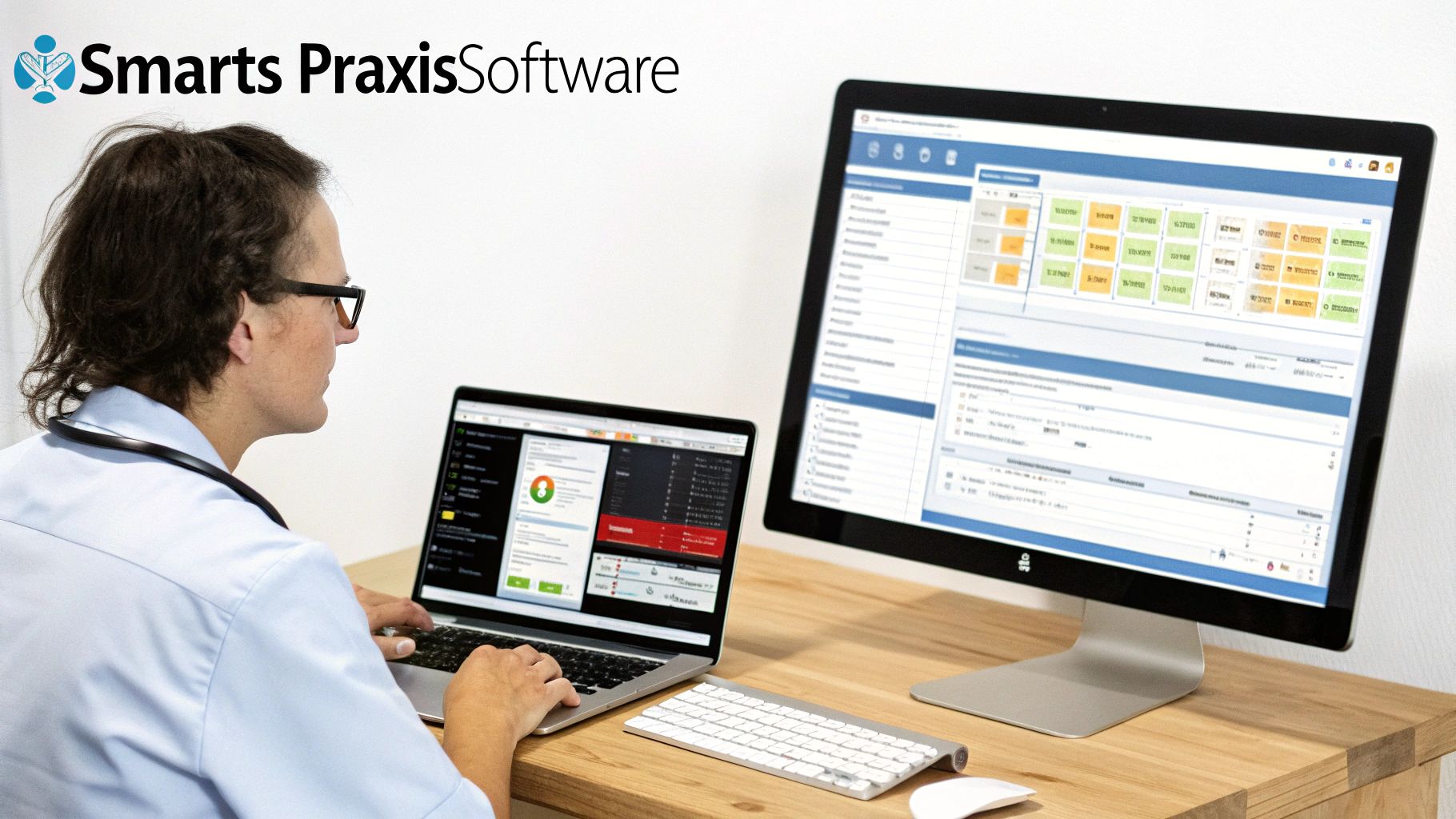 Ein Arzt oder eine medizinische Fachkraft arbeitet an einem Laptop und einem externen Monitor mit Smarts PraxisSoftware.