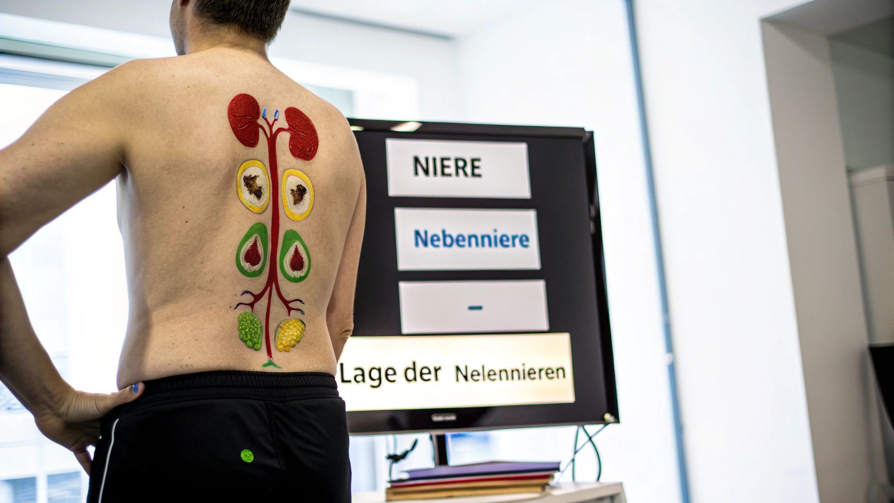 Rückenansicht eines Mannes mit aufgemalten Nieren und Organen, daneben ein Bildschirm mit medizinischen Begriffen.