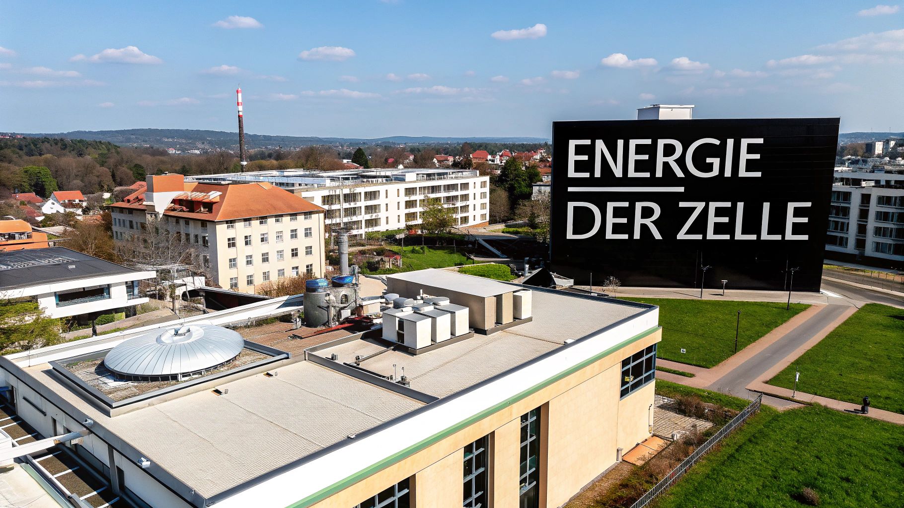 Luftaufnahme eines sonnigen Forschungscampus mit modernen Gebäuden und einem großen Schild 'ENERGIE DER ZELLE'.