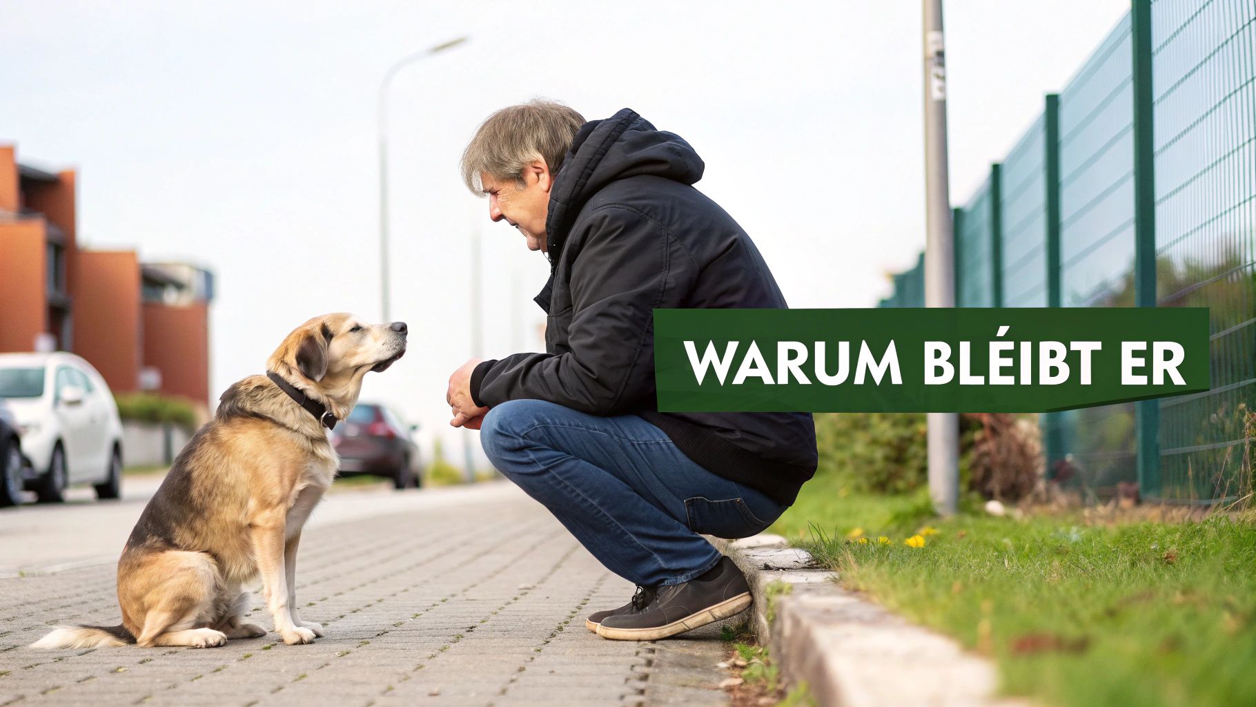 Ein älterer Hund, der auf einem Waldweg steht und nachdenklich aussieht.
