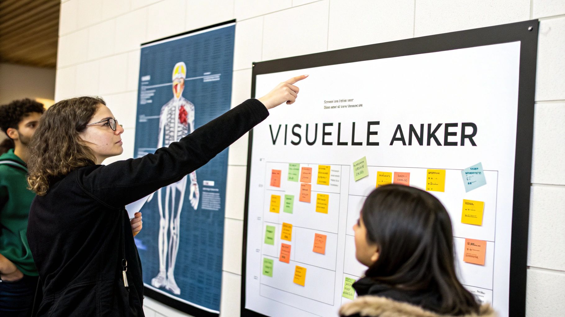 Eine junge Frau mit Brille zeigt auf ein Whiteboard mit 'VISUELLE ANKER' und Haftnotizen, während eine andere Person zusieht.