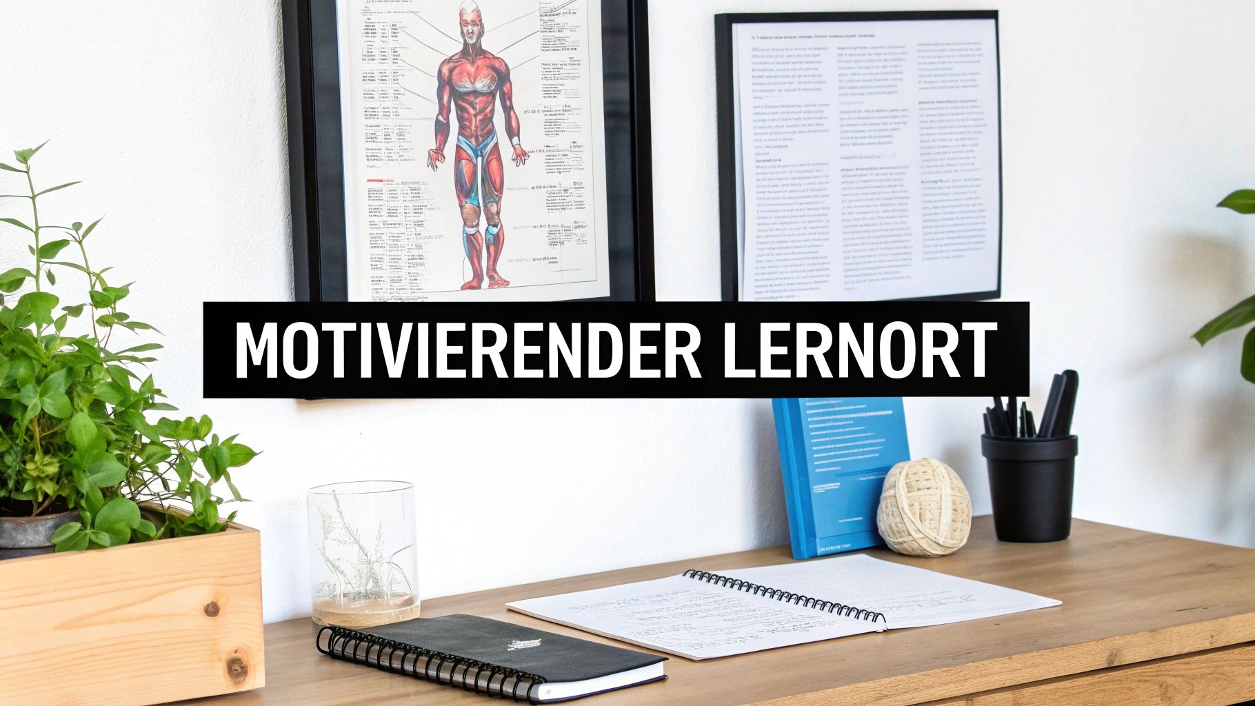 Ein aufgeräumter Schreibtisch mit Pflanzen, Notizbüchern und einem Motivationsbanner: 'MOTIVIERENDER LERNORT'.