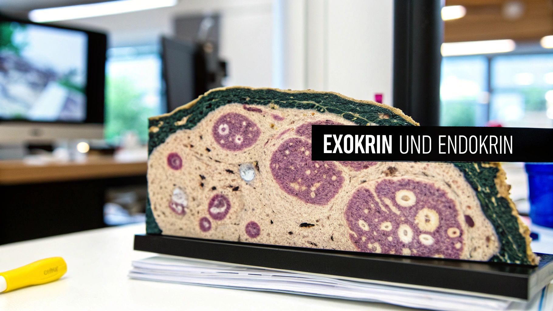Detailansicht eines Modells, das die exokrinen und endokrinen Bereiche eines Organs zeigt, mit Text 'EXOKRIN UND ENDOKRIN'.