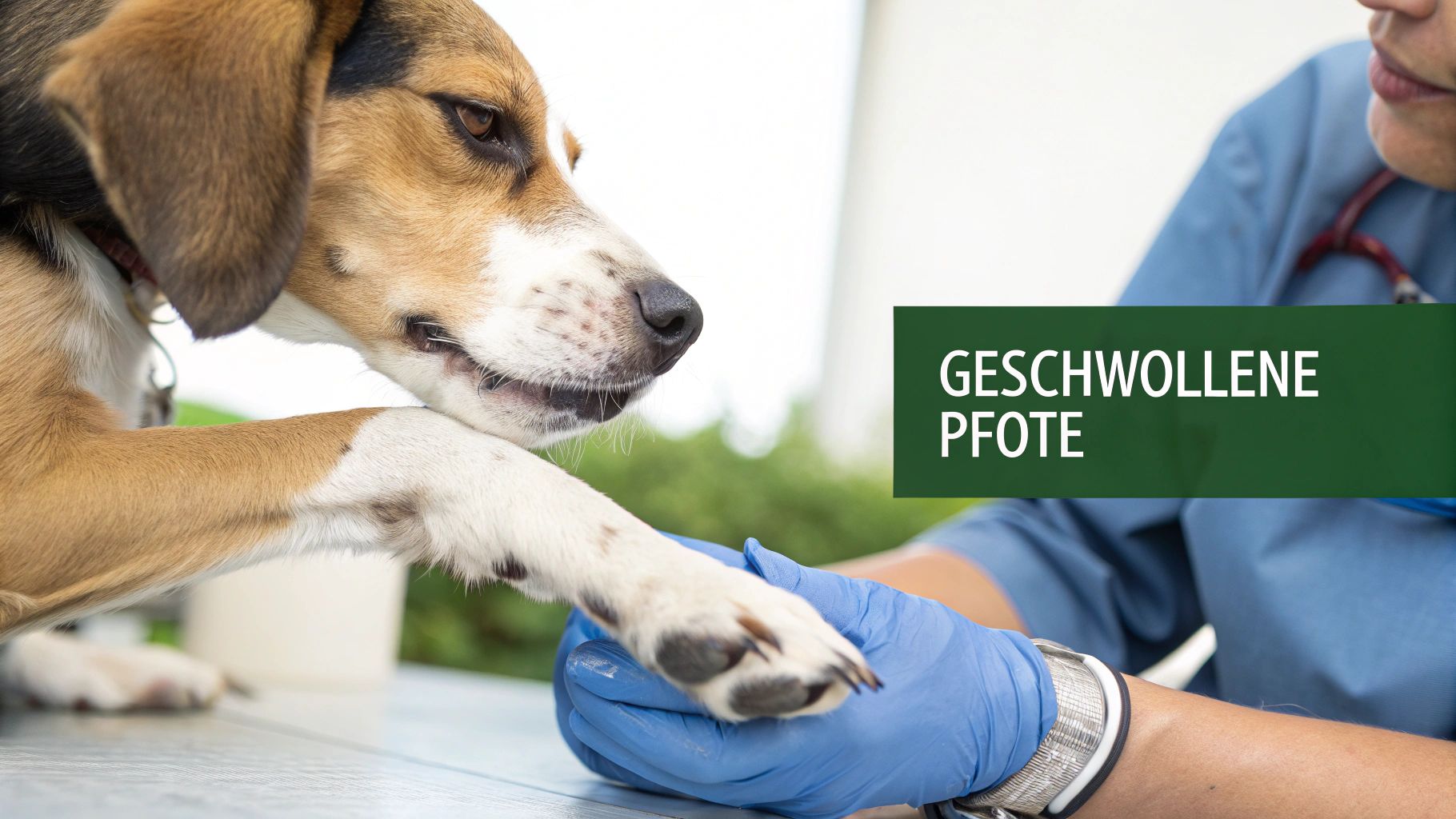 Ein Hund mit einer verbundenen, geschwollenen Pfote liegt auf dem Boden.