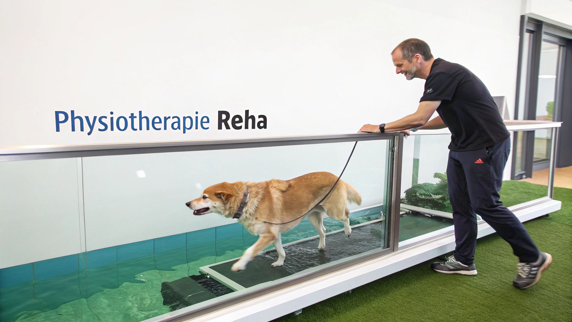 Hund auf Unterwasserlaufband bei Physiotherapie mit Therapeut zur Rehabilitation nach Verletzung