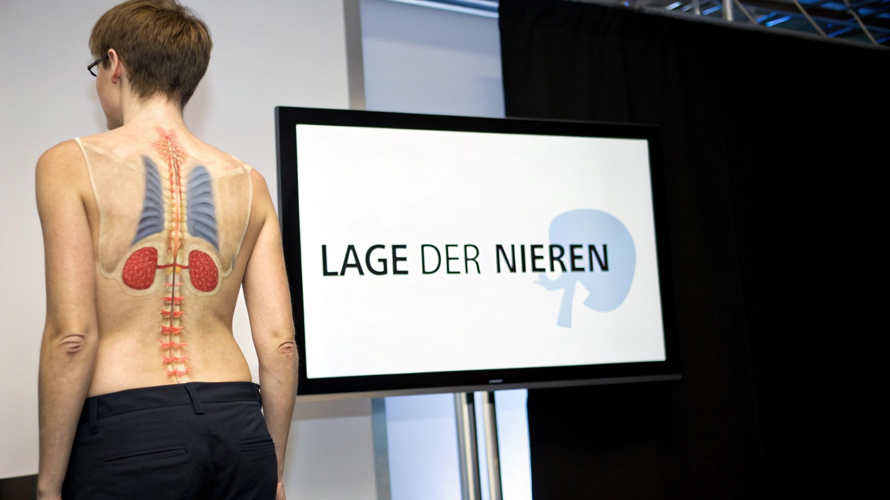 Person mit gemalter Anatomie von Wirbelsäule und Nieren auf dem Rücken vor einem Bildschirm mit der Aufschrift 'LAGE DER NIEREN'.