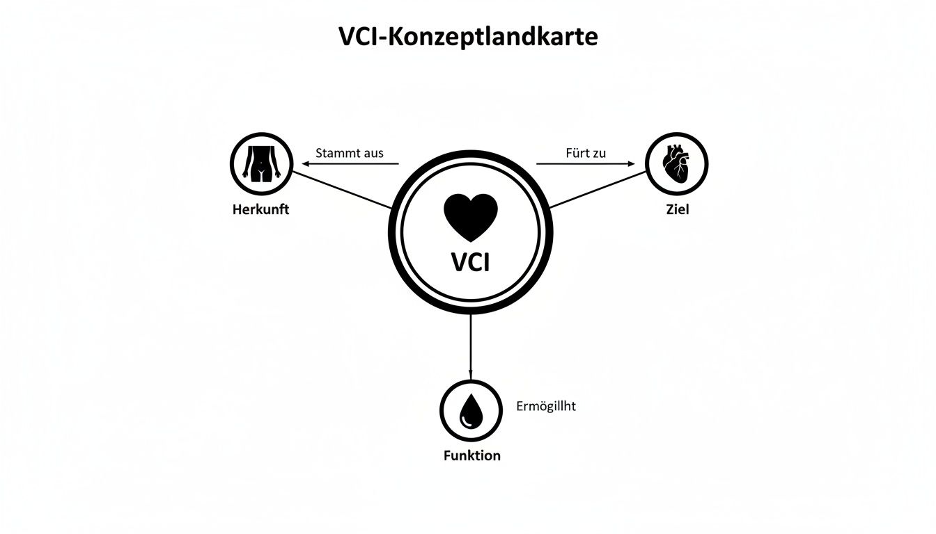 Konzeptkarte VCI zeigt Herkunft, Ziel und Funktion der Vena Cava inferior in einem übersichtlichen Diagramm.