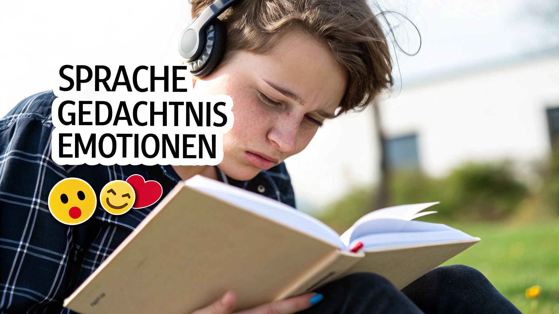 Junge Person mit Kopfhörern liest ein Buch im Freien, mit Text 'SPRACHE GEDÄCHTNIS EMOTIONEN' und Emojis.
