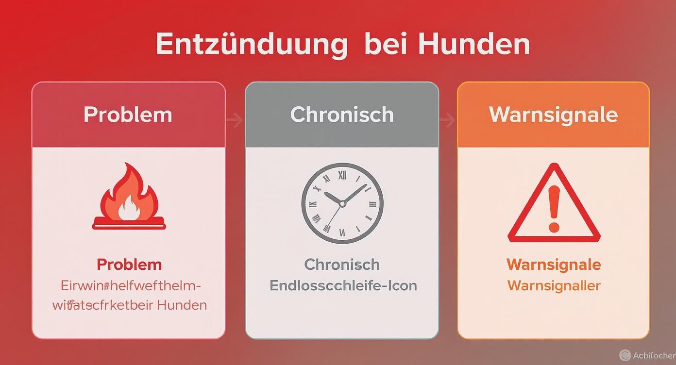 Ein Flussdiagramm zeigt die Phasen der Entzündung bei Hunden: Problem, Chronisch und Warnsignale, illustriert mit Icons.