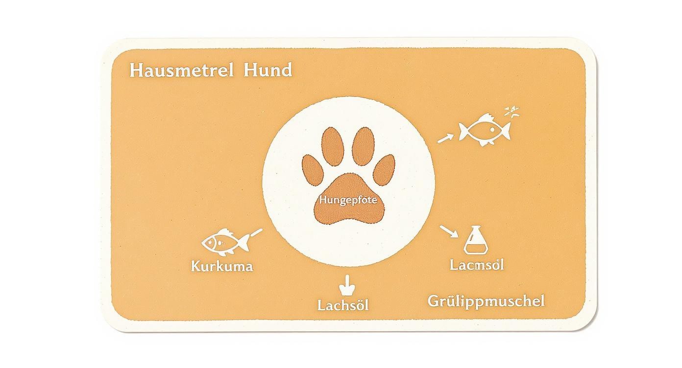 Das Bild zeigt Hausmittel für Hunde, inklusive einer Hundepfote, Lachsöl, Kurkuma und Grünlippmuschel.