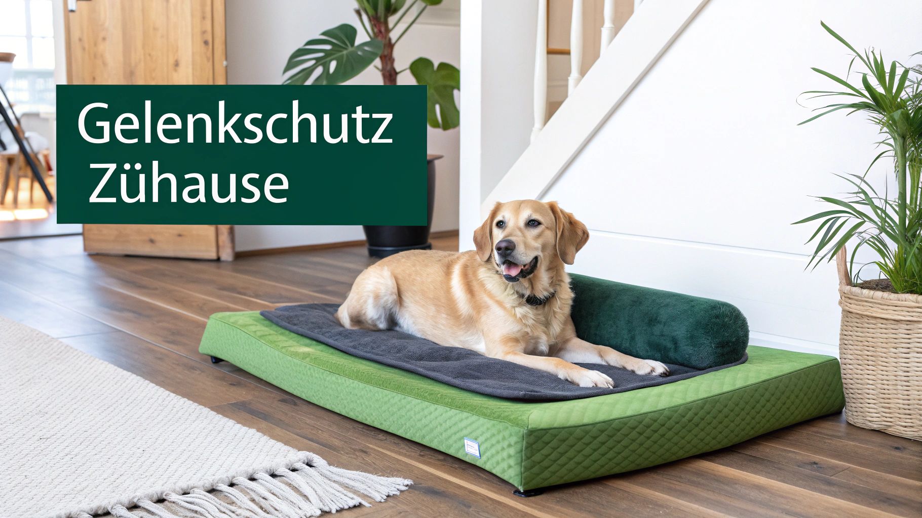 Ein Hund liegt bequem auf einem orthopädischen Bett, das seine Gelenke schützt.