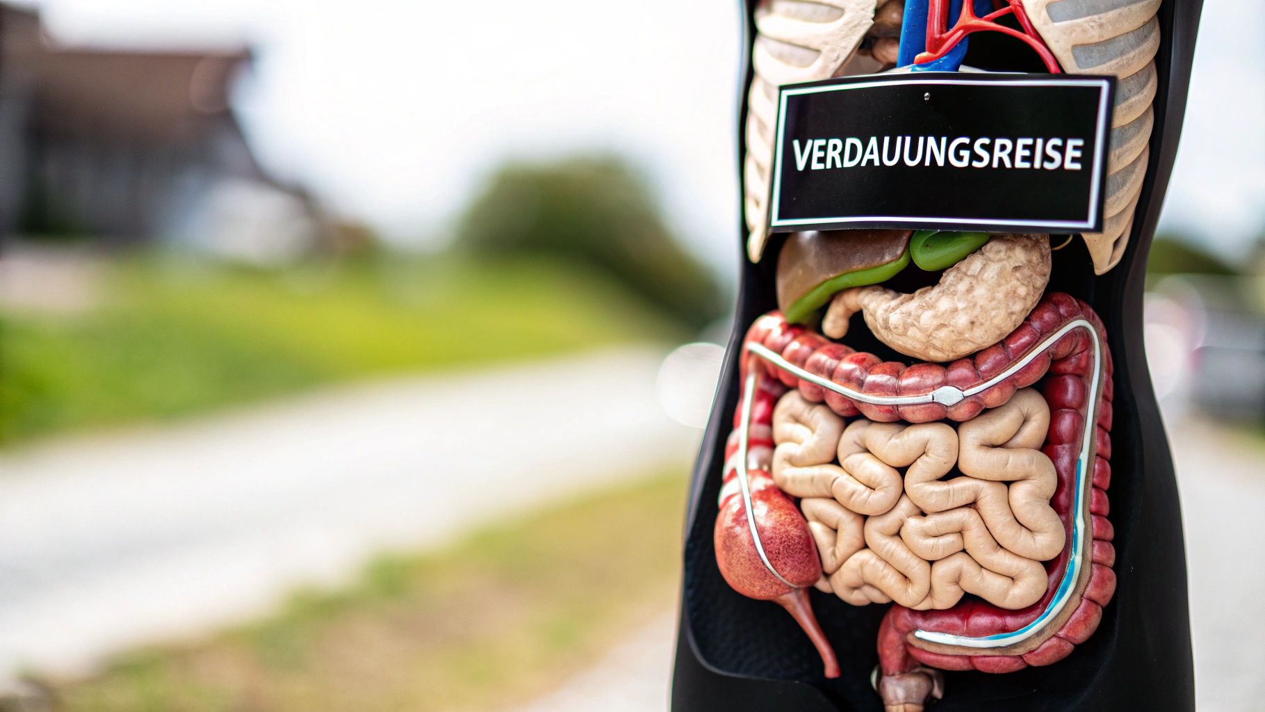 Ein Schaubild des menschlichen Verdauungssystems mit Magen, Dünndarm und Dickdarm.