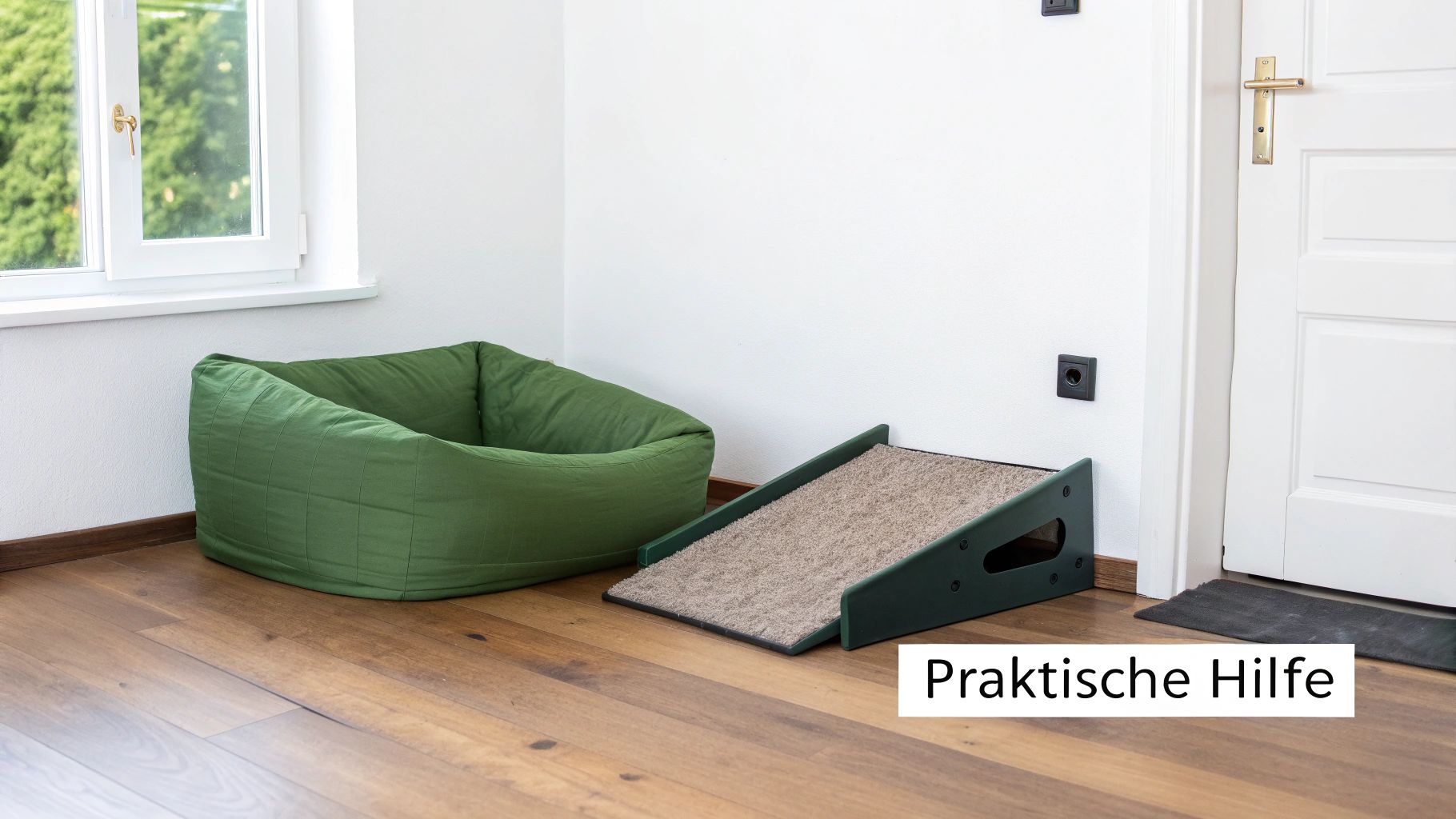 Ein grünes Haustierbett und eine grüne Hunderampe mit Teppichbelag in einem hellen Raum.