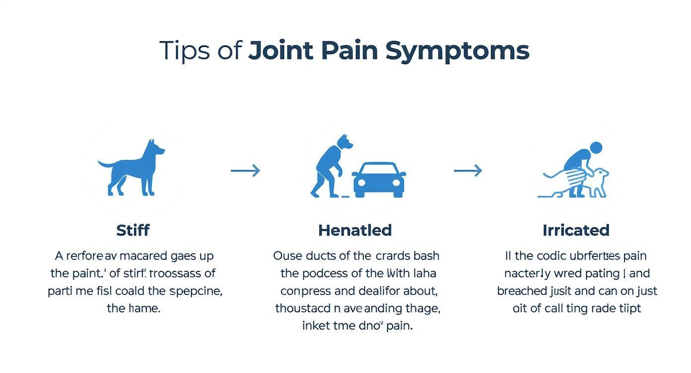 Infografik, die den Prozess von Gelenkschmerz-Anzeichen bei Hunden darstellt, mit Symbolen für Steifheit, Zögern und Gereiztheit.