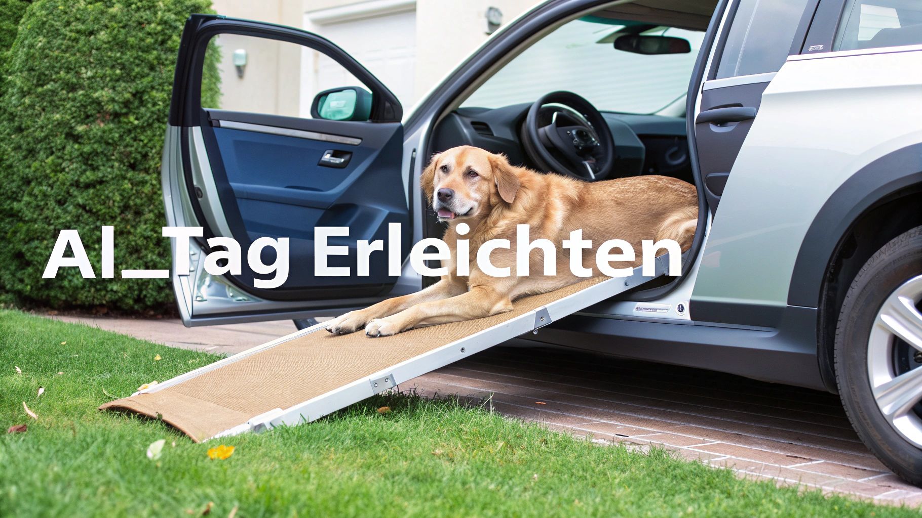 Ein Goldener Retriever liegt entspannt auf einer Hunderampe, die den Einstieg ins Auto erleichtert, besonders für Hunde mit Arthrose.