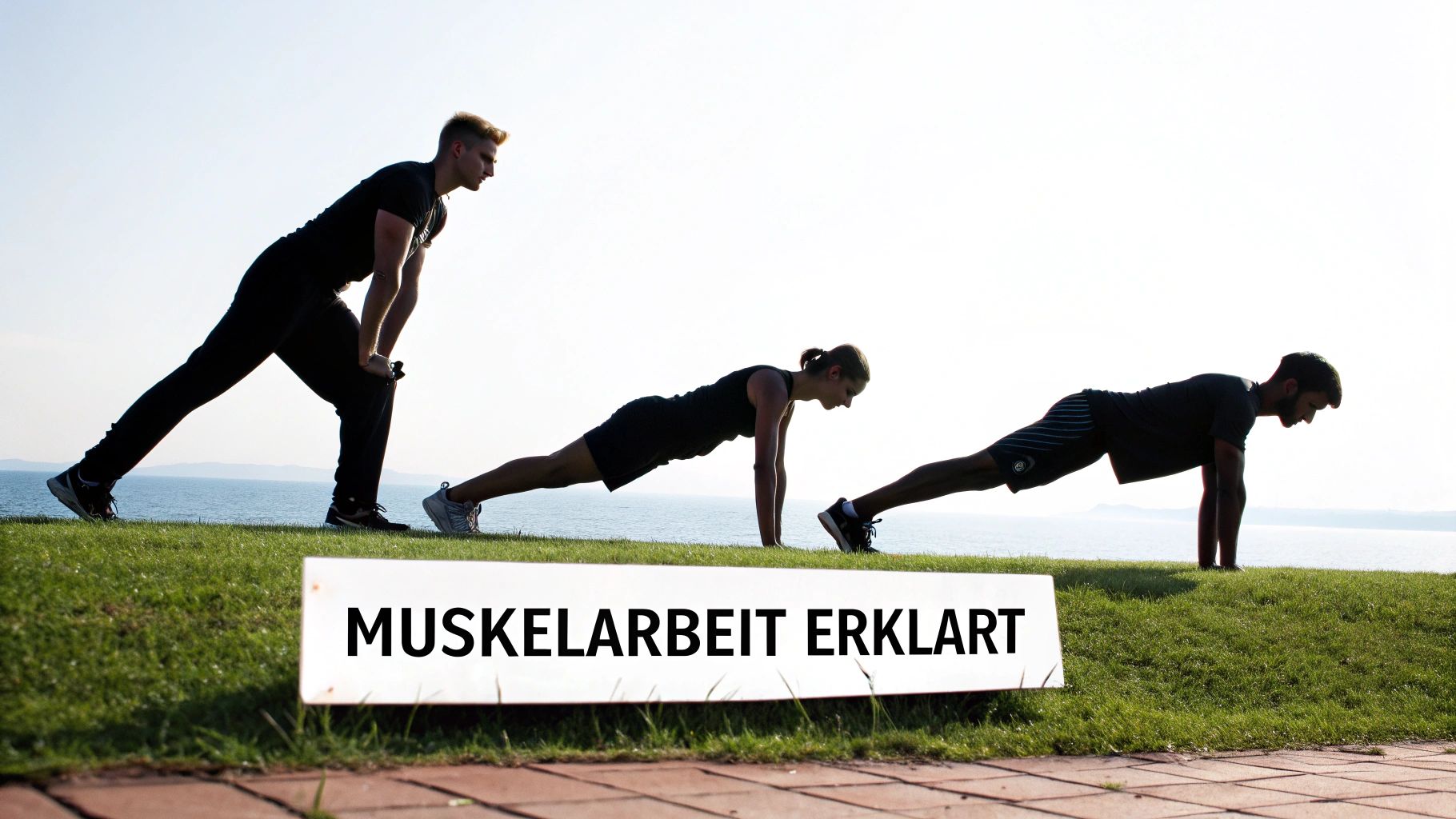 Drei Personen trainieren im Freien am Wasser. Ein Schild besagt 'Muskelarbeit erklärt'. Eine Person dehnt sich, zwei machen Planks.